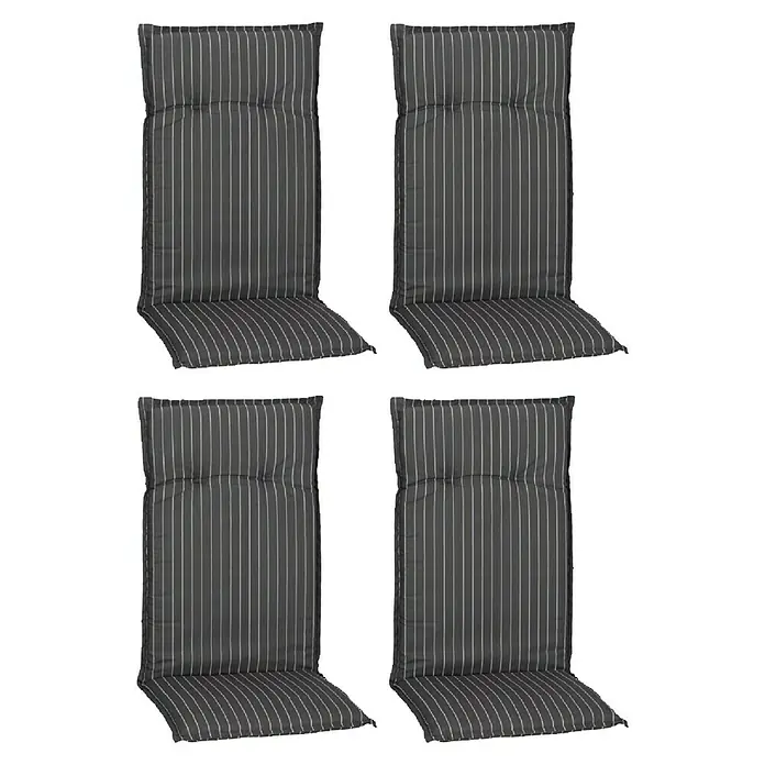 beo Gartenmöbel-Auflage Belm - Hochlehner, 4 Stk., L x B x H: 118 x 50 x 6 cm, Baumwolle, Polyester, Grau - Abgebildet sind vier gestreifte Stuhlkissen in Grau, die Komfort und Stil für Gartenmöbel oder Terrassensitze bieten.