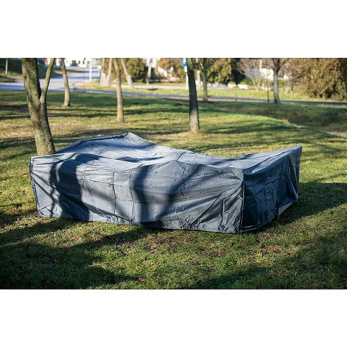 Acamp Sitzgruppen-Schutzhülle Cappa Air - L x B x H: 250 x 250 x 70 cm, Polyester, 130 g/m², Grau - Abdeckung über Gartentisch und Stühlen auf Rasenfläche im Garten. Wetterfeste Schutzhülle für Gartenmöbel, schützt vor Witterungseinflüssen.