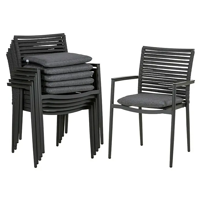Acamp Gartensessel New Jersey - Aluminium, Stahl, Stapelbar, Dunkelgrau, B x T x H: 56 x 55 x 88 cm - Stapelbare schwarze Terrassenstühle mit Armlehnen und grauen Sitzkissen, ideal für den Außenbereich.