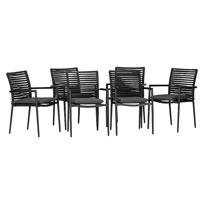Acamp Gartensessel New Jersey - Aluminium, Stahl, Stapelbar, Dunkelgrau, B x T x H: 56 x 55 x 88 cm - Vier schwarze Metallstühle mit geflochtenen Rückenlehnen und grauen Kissen.