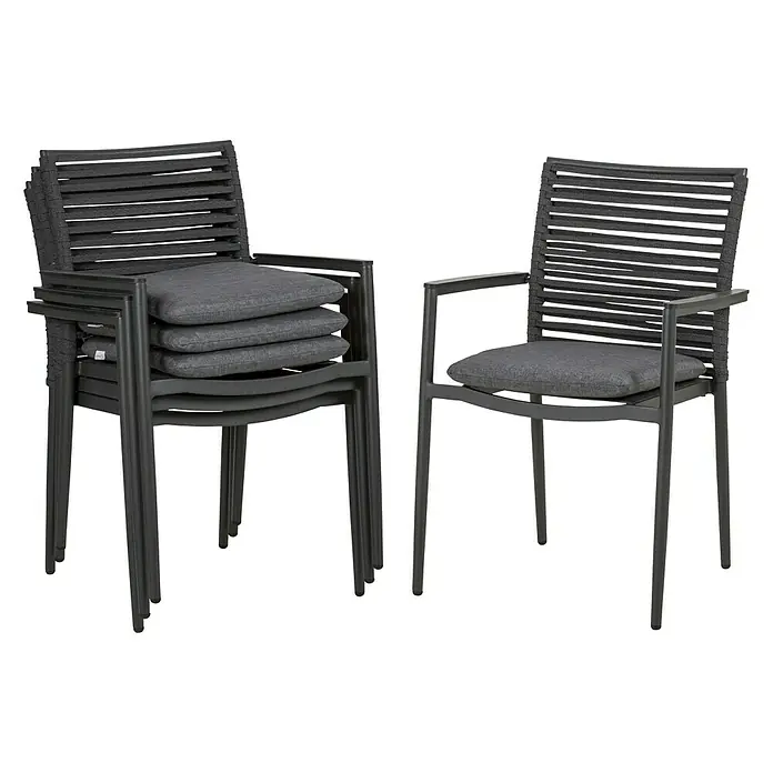 Acamp Gartenmöbel-Set New Jersey/HPL - 5 -tlg., Aluminium, HPL, Acatex, Schwarz, Stapelbar - Bild von stapelbaren Stühlen mit grauen Kissen. Ein einzelner Stuhl steht daneben. Elegantes Design für den Außenbereich.