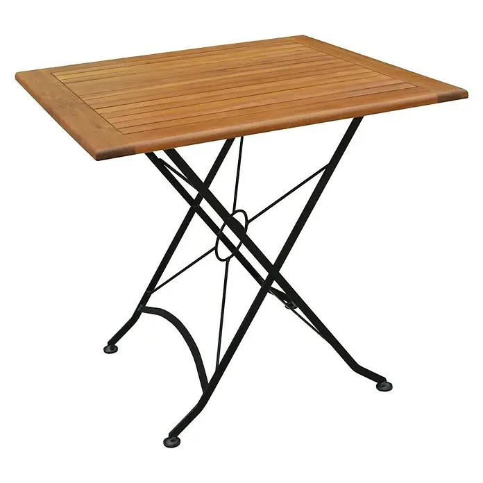 Acamp Gartenmöbel-Set Lindau - 3 -tlg., Akazie, Eisen, Braun - Klapptisch mit einer Tischplatte aus Holzlatten und einem Gestell aus schwarzem Metall für den Außenbereich.