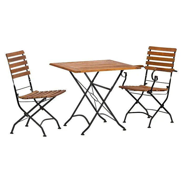 Acamp Gartenmöbel-Set Lindau - 3 -tlg., Akazie, Eisen, Braun, Klappbar, mit und ohne Armlehne - Gartenmöbel-Set mit Klapptisch und zwei Stühlen aus Holz und Metall, ideal für Balkon oder Terrasse.