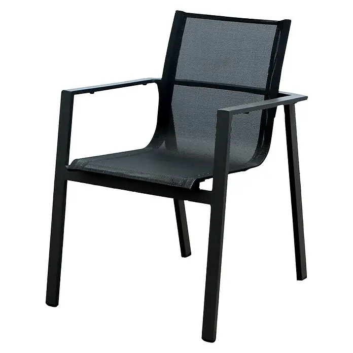 Acamp Gartenmöbel-Set Hollywood - 5 -tlg., Aluminium, Glas, Keramik, Polyester, Anthrazit - Eine schwarze Netzstruktur-Gartenstuhl mit Armlehnen. Ideal für den Außenbereich, kombiniert Komfort mit modernem Design für entspannte Stunden.