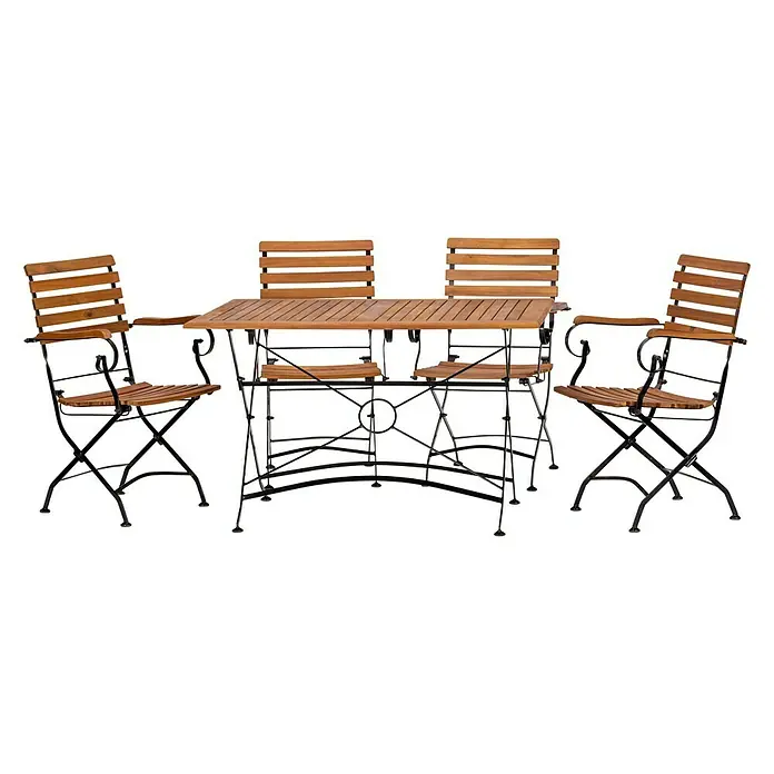 Acamp Gartenmöbel-Set Lindau - 5 -tlg., Akazie, Eisen, Braun - Holz-Gartenmöbel-Set mit Klapptisch und vier Stühlen mit schwarzem Metallgestell für den Außenbereich.