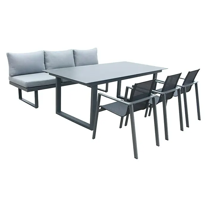 Acamp Gartenmöbel-Set Hollywood - 5 -tlg., Aluminium, Glas, Keramik, Polyester, Anthrazit - Graues Outdoor-Esstischset mit einer Bank, einem Tisch und vier Stühlen für den Garten oder die Terrasse.