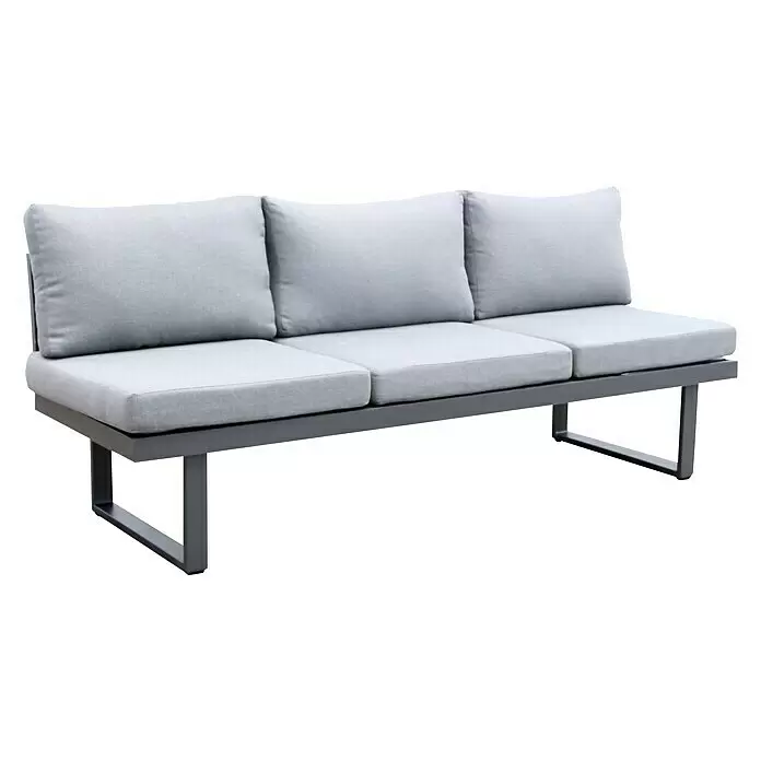 Acamp Gartenmöbel-Set Hollywood - 5 -tlg., Aluminium, Glas, Keramik, Polyester, Anthrazit - Helles grau gepolstertes Dreisitzer-Sofa mit dunkelgrauem Metallrahmen und -beinen.