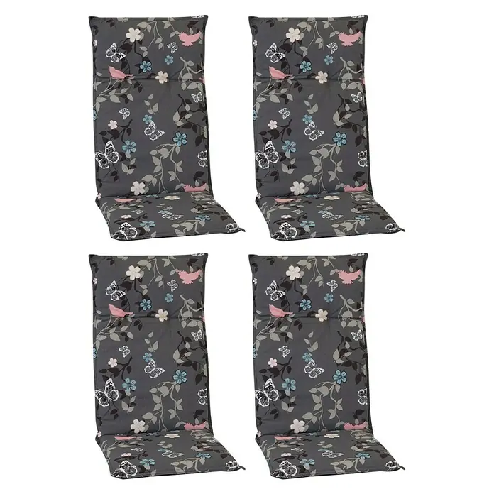 beo Gartenmöbel-Auflage Bregenz - Hochlehner, 4 Stk., L x B x H: 118 x 50 x 6 cm, Öko-Tex 100, Grau/Blumen - Abbildung von vier grauen Gartenstuhlauflagen mit Blumen- und Vogelmuster. Die Kissen sind bequem und stilvoll.