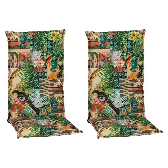 beo Gartenmöbel-Auflage Texas - Hochlehner, 2 Stk., L x B x H: 118 x 46 x 8 cm, Baumwolle, Polyester, Grün/Gelb/Schwarz - Zwei Sitzkissen mit Dschungel- und Vogelmuster für Stühle, ideal für eine lebendige und komfortable Atmosphäre im Essbereich.