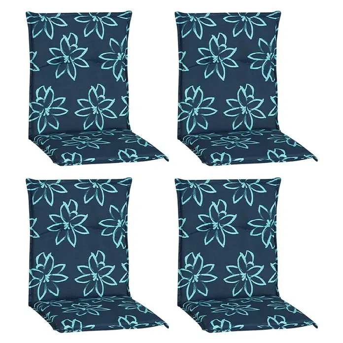 beo Gartenmöbel-Auflage Bunde - Niederlehner, 4 Stk., L x B x H: 101 x 50 x 6 cm, Baumwolle, Polyester, Blau/Türkis - Abbildung von vier blauen Stuhlkissen mit Blumenmuster. Die Kissen sind ideal für Gartenmöbel und sorgen für Komfort.