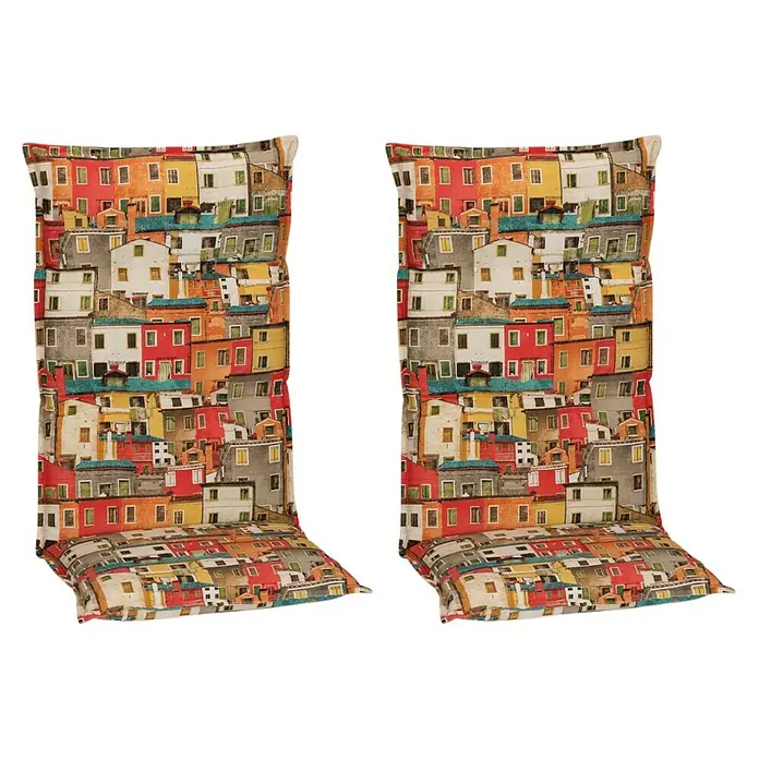 beo Gartenmöbel-Auflage Sardinien - Hochlehner, 2 Stk., L x B x H: 118 x 46 x 8 cm, Baumwolle, Polyester, Orange - Zwei Stuhlkissen mit buntem Häusermuster, ideal für mehr Komfort und Stil im Essbereich oder Garten.
