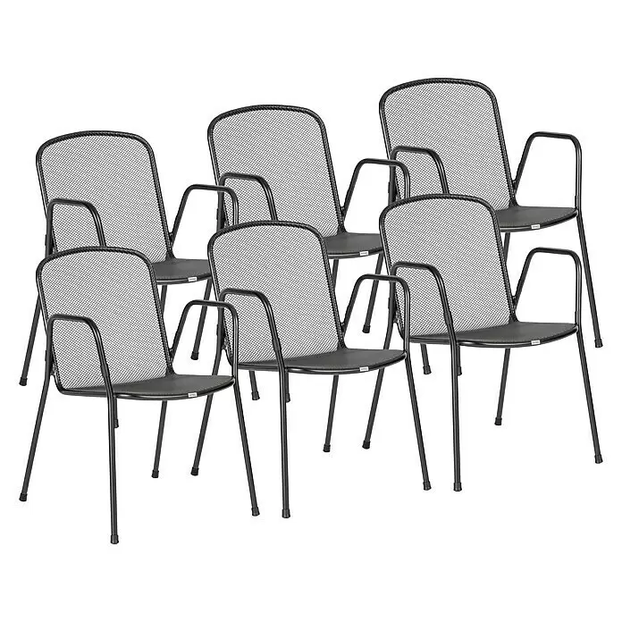 Acamp Gartensessel Alfredo - Stahl, Stapelbar, Schwarz, B x T x H: 55 x 60 x 83 cm, 6 Stk. - Sechs schwarze Metallgitterstühle mit Armlehnen.