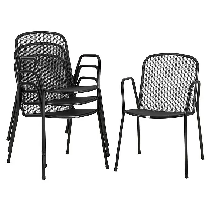 Acamp Gartensessel Alfredo - Stahl, Stapelbar, Schwarz, B x T x H: 55 x 60 x 83 cm, 6 Stk. - Stapelbare schwarze Metallgitterstühle mit Armlehnen, ein Stapel von vier und ein Einzelstuhl.