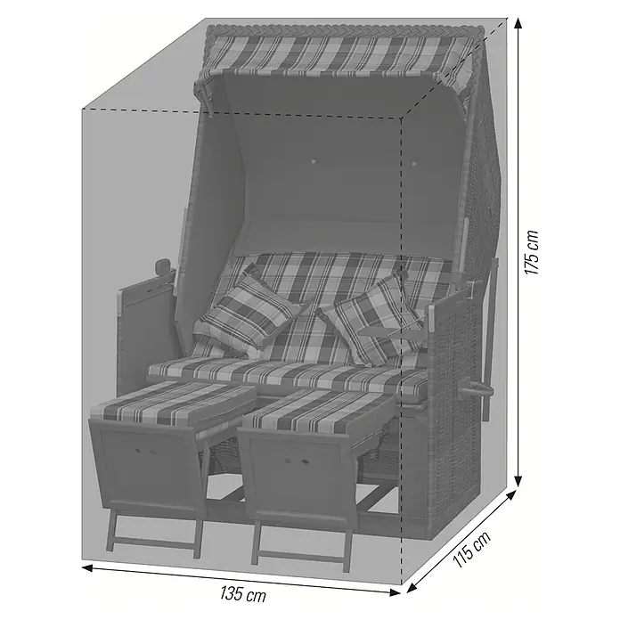 Acamp Strandkorb-Schutzhülle - L x B x H: 135 x 115 x 175 cm, Polyester, Schwarz - Bild eines Strandkorbs mit Maßen. Der Strandkorb ist grau und hat ein kariertes Muster.