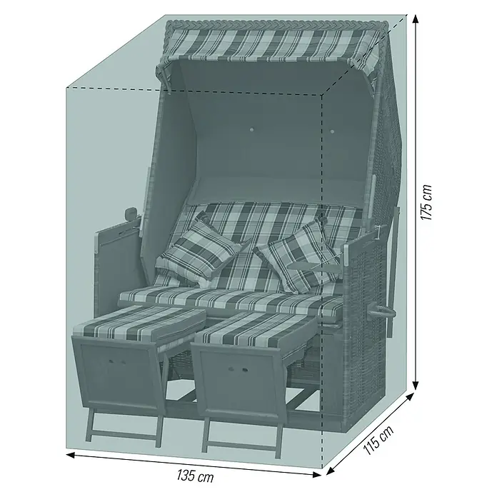 Acamp Strandkorb-Schutzhülle - L x B x H: 135 x 115 x 175 cm, Polyester, Schwarz - Bild eines Strandkorbs mit Maßen. Der Strandkorb ist grau und hat ein kariertes Muster.