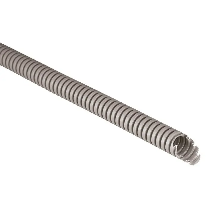 Flexrohr EBXM - Länge: 50 m, Durchmesser: 16 mm, 750 N, Grau - Ein flexibles, geripptes, graues Elektroinstallationsrohr aus Kunststoff, das für Kabelschutz und -führung konzipiert ist.