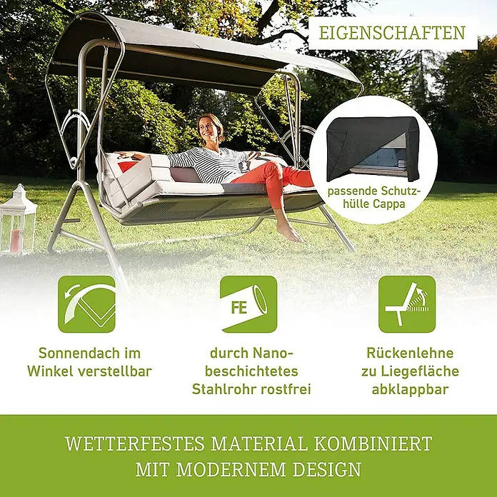 Acamp Hollywoodschaukel Star 56352 - L x B x H: 220 x 145 x 177 cm, Stahl, Grundfarbe: Grau - Schwebeliege mit verstellbarem Sonnendach, Nano-beschichtetem Stahlrohr und abklappbarer Rückenlehne sowie passender Schutzhülle.