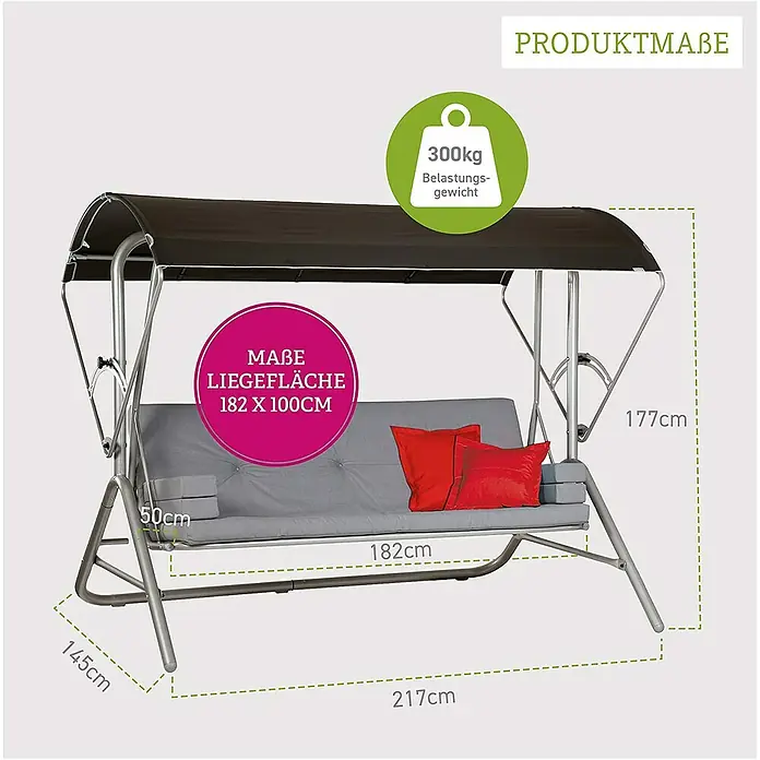 Acamp Hollywoodschaukel Star 56352 - L x B x H: 220 x 145 x 177 cm, Stahl, Grundfarbe: Grau - Abbildung einer Hollywoodschaukel mit Größenangaben. Die Schaukel ist grau mit roten Kissen.