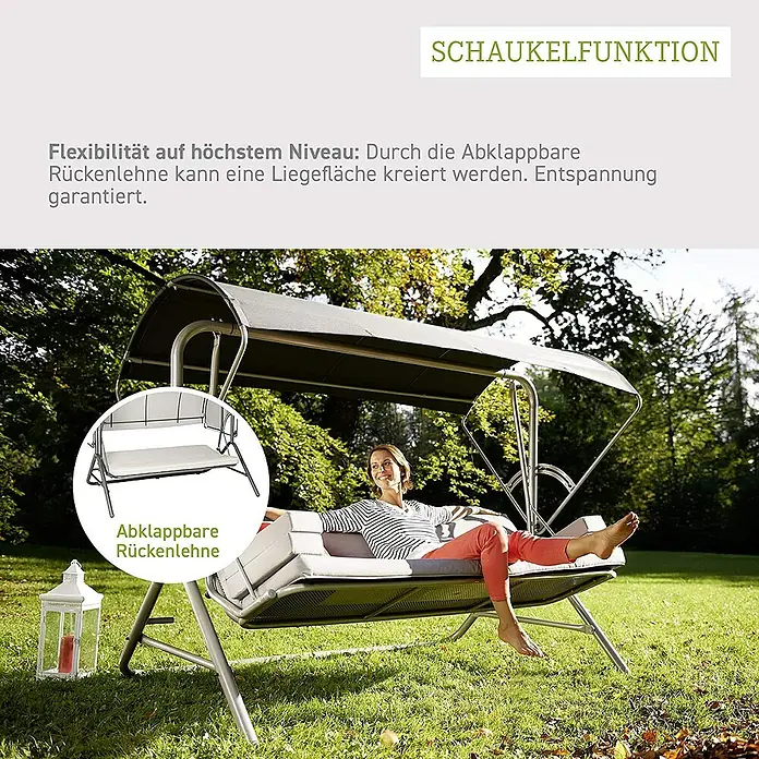 Acamp Hollywoodschaukel Star 56352 - L x B x H: 220 x 145 x 177 cm, Stahl, Grundfarbe: Grau - Das Bild zeigt eine Schaukelliege mit verstellbarer Rückenlehne im Garten.
