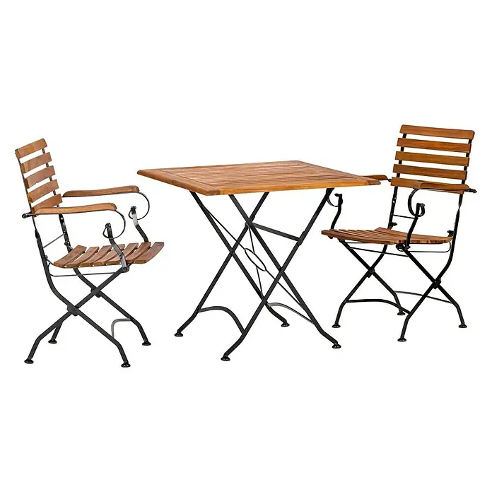 Acamp Gartenmöbel-Set Lindau - 3 -tlg., Akazie, Eisen, Braun - Ein Gartenset mit einem quadratischen Tisch und zwei Stühlen aus Holz und Metall mit Klappfunktion für den Balkon oder die Terrasse.