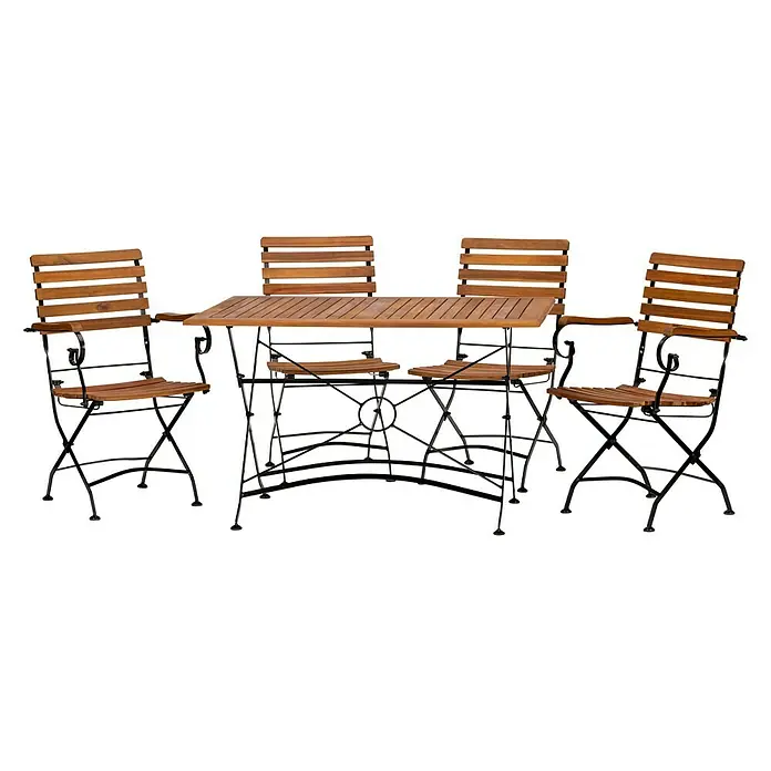 Acamp Gartenmöbel-Set Lindau - 5 -tlg., Eisen, Akazie, Braun - Ein Gartentischset mit vier Stühlen, gefertigt aus Holz und Metall, ideal für entspannte Stunden im Freien. Das Set ist klappbar und platzsparend.