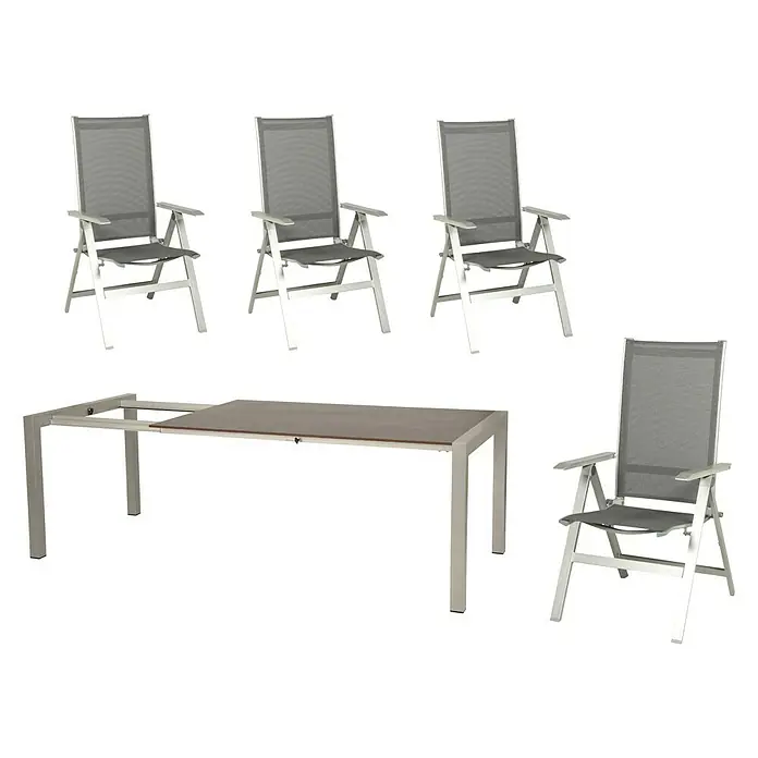 Acamp Gartenmöbel-Set Urban/Extensio - 5 -tlg., Aluminium, HPL, Textil, Klappbar, Anthrazit - Bild eines Esstisch- und Stuhlsets für den Außenbereich mit vier Stühlen und einem Tisch.