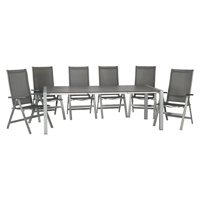 Acamp Gartenmöbel-Set Urban/Extensio - 7 -tlg., Aluminium, HPL, Textil, Silber - Ein elegantes Gartenmöbelset mit einem Tisch und sechs passenden Stühlen, ideal für Mahlzeiten im Freien und geselliges Beisammensein.