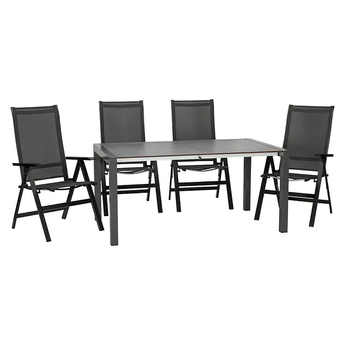 Acamp Gartenmöbel-Set Urban - 5 -tlg., Aluminium, HPL, Acatex, Rückenlehne verstellbar, Anthrazit - Gartenmöbelset mit einem Tisch und vier passenden Stühlen, ideal für Mahlzeiten im Freien. Die grauen Möbel sind wetterfest.