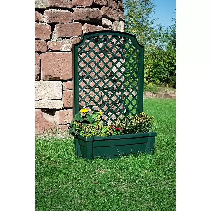 KHW Pflanzkasten Calypso - Außenmaß (L x B x H): 79 x 35 x 134 cm, Kunststoff, Grün, Mit Rankgitter - Dunkelgrüner Pflanzkasten mit integriertem Rankgitter, gefüllt mit bunten Blumen im Garten.