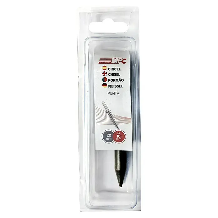 Cincel de punta - Largo del soporte: 20 mm, Diámetro boquilla: 10 mm - Un botador de clavos o punzón de MPC Air Compressors en envase transparente con inscripciones multilingües.