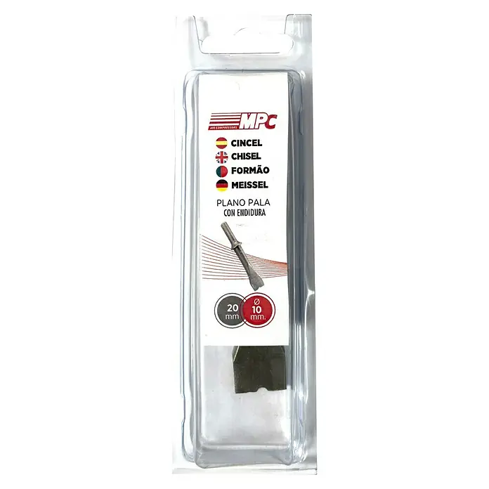 Cincel plano con endidura - Largo del soporte: 20 mm, Diámetro boquilla: 10 mm - Primer plano de un juego de cinceles en un envase de plástico transparente, con descripciones multilingües y especificaciones de tamaño.