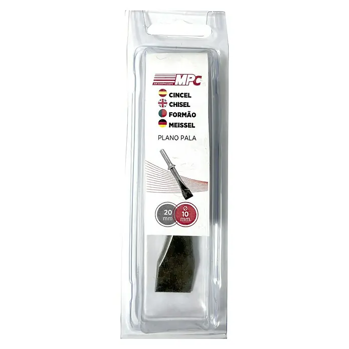 Cincel plano - Largo del soporte: 20 mm, Diámetro boquilla: 10 mm - Cincel plano en un empaque de plástico transparente, adecuado para herramientas neumáticas. Ideal para trabajar piedra, metal y madera.