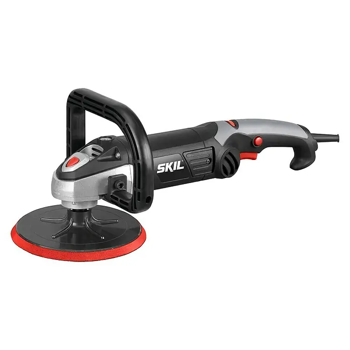 Skil Pulidora 1144AA - 1.200 W, 180 mm, 1.000 r.p.m. - 3.600 r.p.m. - Primer plano de una pulidora SKIL con una almohadilla de pulido roja, ideal para pulir coches y otras superficies.