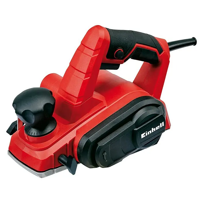 Einhell Cepilladora eléctrica TC-PL 750 - 750 W, Profundidad de cepillo: 0 mm - 2 mm, Número de revoluciones de marcha en vacío: 0 r.p.m. - 17.000 r.p.m. - Un cepillo eléctrico rojo Einhell. El dispositivo cuenta con un mango negro y un botón de ajuste para configurar la profundidad de cepillado.