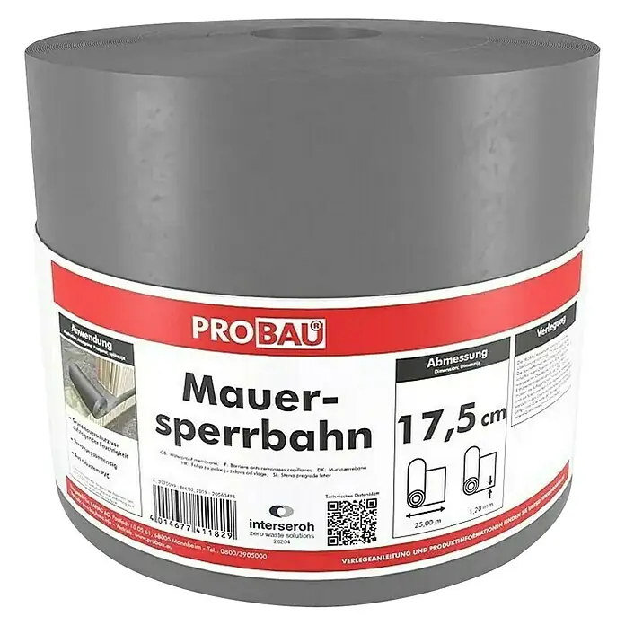 Probau Mauersperrbahn - 25 m x 17,5 cm x 1,2 mm, PVC - Bild einer grauen PROBAU Mauersperrbahn-Rolle mit roten Akzenten und Produktinformationen auf dem Etikett.