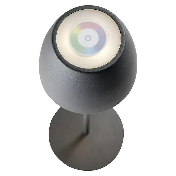 Lavida Lámpara de sobremesa a batería Silea - 3,3 W, Antracita, Color de luz: RGBW - Primer plano de una lámpara de mesa moderna que presenta un control táctil de rueda de color. La lámpara tiene un diseño elegante y una base redonda.