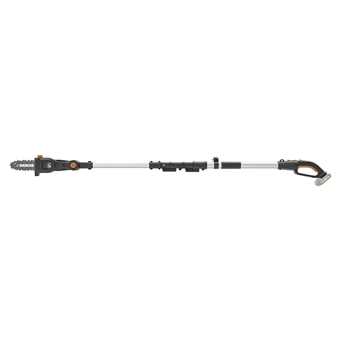 Worx PowerShare 20V Akku-Hochentaster WG349E.9 - 20 V, Li-Ionen, Ohne Akku - Eine ausziehbare Worx-Astkettensäge mit Akku und Kettenblatt. Das Gerät ist schwarz, grau und orange.