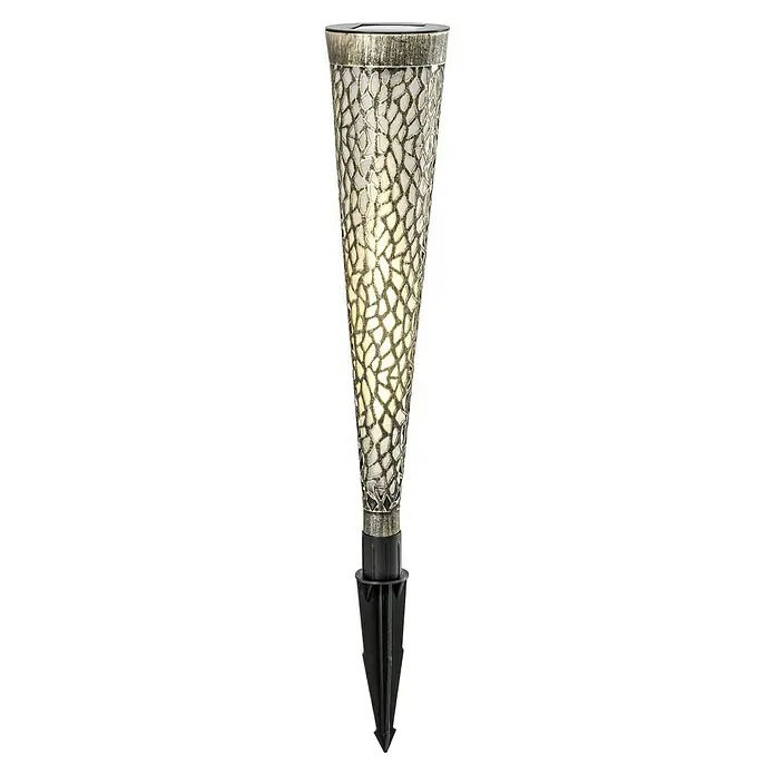 BAUHAUS Solar-Dekoleuchte - Schwarz/Silber, IP44 - Eine elegante Gartenleuchte mit einem silberfarbenen Mosaikmuster, die ein warmes Licht ausstrahlt und eine stimmungsvolle Atmosphäre schafft.