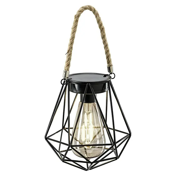 BAUHAUS Solar-Hängeleuchte - 0,03 W, L x B x H: 15 x 15 x 15,5 cm, Schwarz, IP44 - Dekorative Solarleuchte mit schwarzem Metallgestell, Glühbirne und einem Griff aus Seil für den Garten oder die Terrasse.