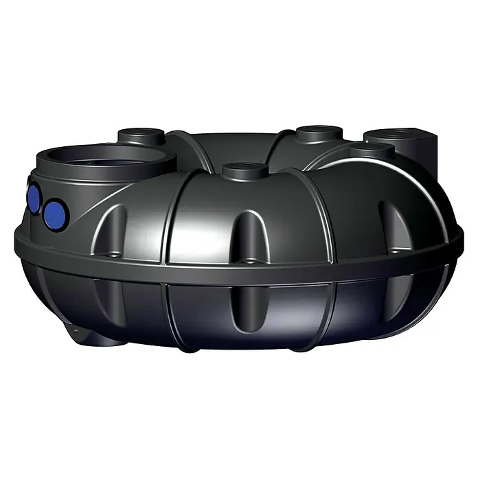 Rewatec Flachtank Neo - Gesamt Fassungsvermögen: 1.500 l, Schwarz, 250 mm hoher Domschacht - Eine schwarze Klärgrube aus Kunststoff, ideal für Abwasserentsorgung. Robuste Bauweise für den Einsatz im Außenbereich.
