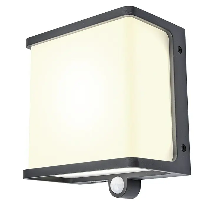 Lutec Doblo Solar-Außenwandleuchte - 12 W, L x B x H: 15 x 8,9 x 17 cm, Anthrazit, IP44, 1.000 lm - Wandleuchte mit Bewegungsmelder für den Außenbereich. Die Lampe ist rechteckig und hat ein modernes Design in Schwarz und Weiß.