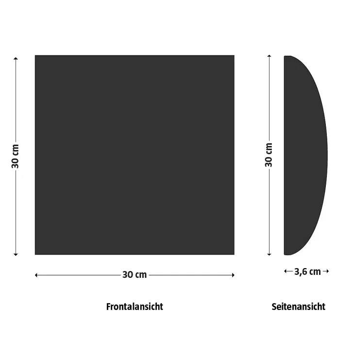 Fllow Wandpolster Preston - Beige, 30 x 30 cm - Technische Zeichnung einer schwarzen, quadratischen Wandfliese mit den Maßen 30 x 30 x 3,6 cm.