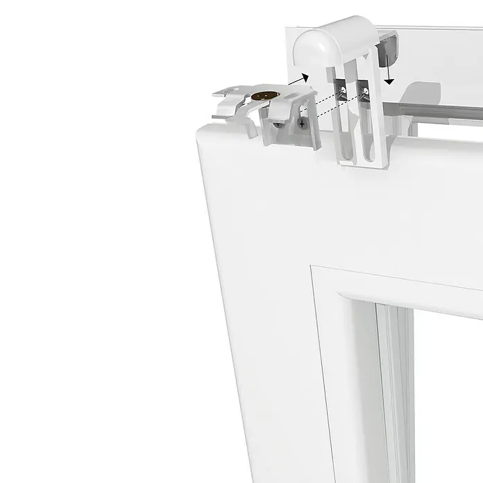 Expo Ambiente Klemmträger - 2 Stk., Geeignet für: Alu-Jalousien, Weiß - Detailaufnahme eines weißen Fensterrahmens mit einem Rollladen-Befestigungsmechanismus, der die einfache Installation demonstriert.