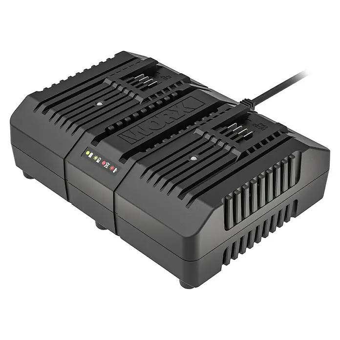 Worx PowerShare 20V Ladegerät WA3883 - Passend für: 20 V Powershare-Akkus - Schwarzes Worx-Ladegerät für Akkus. Das Gerät hat Schlitze zur Belüftung und Ladeanzeigen auf der Vorderseite.