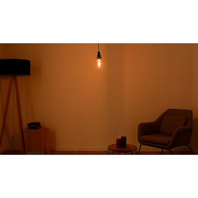 Osram LED-Lampe Vintage Edition 1906 Globe-Form E27 - E27, Nicht Dimmbar, Warmweiß, 100 lm - Warme Beleuchtung akzentuiert das stilvolle Interieur mit Stehlampe, Glühbirne und Sessel. Gemütliches Ambiente im Raum.