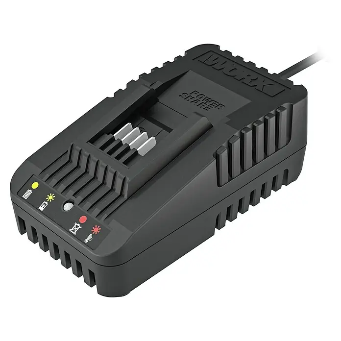Worx PowerShare 20V Schnellladegerät WA3880 - Passend für: Worx Akku-Geräte 20 V - Nahaufnahme eines schwarzen Worx PowerShare Akkuladegeräts.