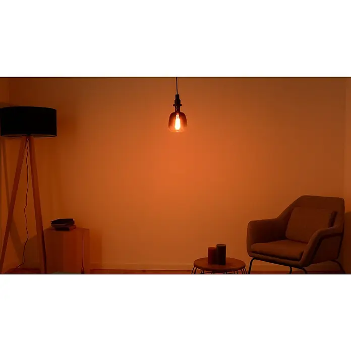 Osram LED-Lampe Vintage Edition 1906 Globe-Form E27 - E27, Dimmbar, Warmweiß, 150 lm, 4,5 W - Ein gemütlicher Raum mit einer Pendelleuchte, Stehlampe und Sessel, der eine entspannende Atmosphäre durch warmes Licht und einladende Möbel schafft.