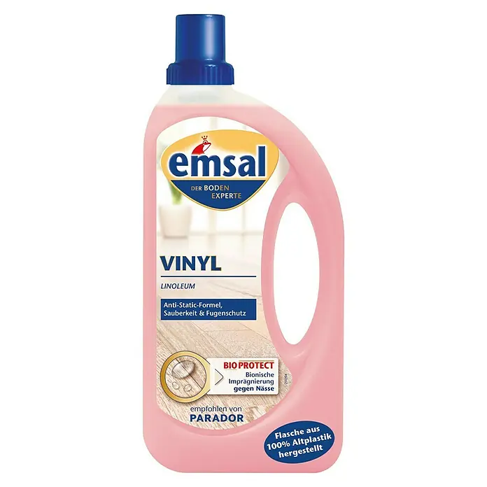 Emsal Bodenpflege Vinyl - 1 l - Eine Flasche Emsal Vinyl Linoleum Reiniger mit pinkfarbener Flüssigkeit und blauem Deckel, ideal für die Pflege von Vinyl- und Linoleumböden.