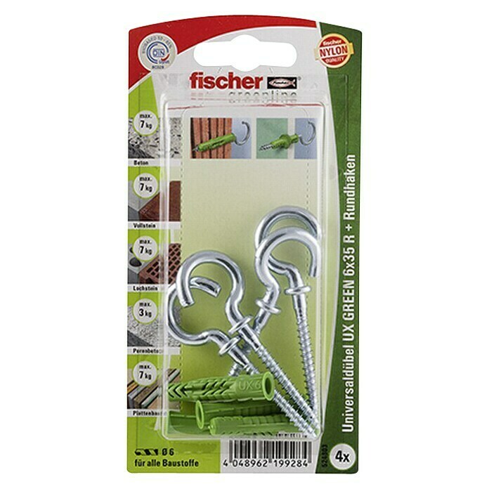 Fischer Greenline Universaldübel-Set UX 6 x 35 R RH GREEN KØ x L: 6 x 35 mm, Rundhaken, Nylon, 4 Stk. Front View