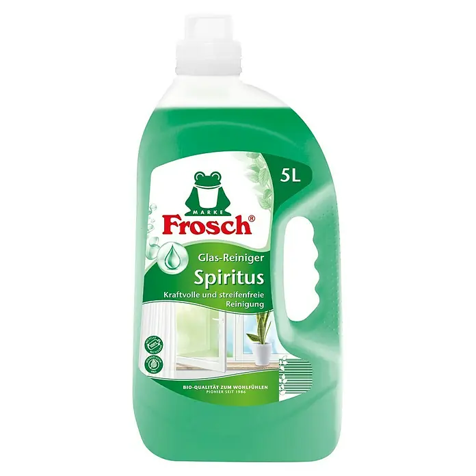 Frosch Glasreiniger Spiritus - 5 l, Flasche - Abbildung einer 5L-Flasche Frosch Spiritus Glasreiniger, ein umweltfreundliches Reinigungsmittel für streifenfreien Glanz.